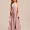 Junior Bridesmaid Dresses | A-line Halter Floor-Length Chiffon Lace Junior Bridesmaid Dress Dusty Rose – Girls