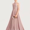 Junior Bridesmaid Dresses | A-line Halter Floor-Length Chiffon Lace Junior Bridesmaid Dress Dusty Rose – Girls