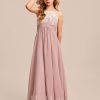 Junior Bridesmaid Dresses | A-line Halter Floor-Length Chiffon Lace Junior Bridesmaid Dress Dusty Rose – Girls