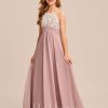 Junior Bridesmaid Dresses | A-line Halter Floor-Length Chiffon Lace Junior Bridesmaid Dress Dusty Rose – Girls