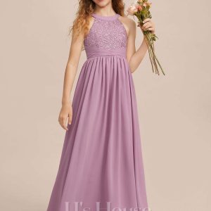 Junior Bridesmaid Dresses | A-line Halter Floor-Length Chiffon Lace Junior Bridesmaid Dress Mauve – Girls