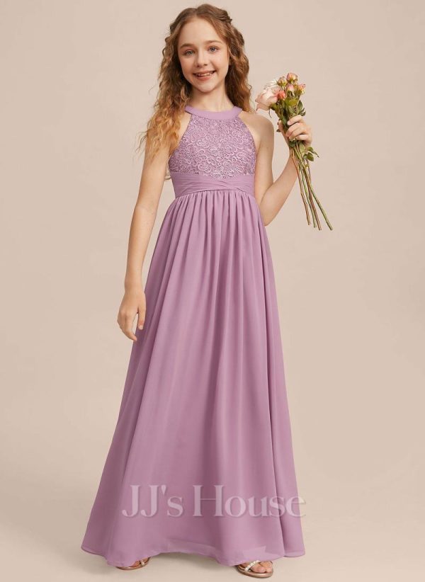 Junior Bridesmaid Dresses | A-line Halter Floor-Length Chiffon Lace Junior Bridesmaid Dress Mauve – Girls