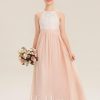 Junior Bridesmaid Dresses | A-line Halter Floor-Length Chiffon Lace Junior Bridesmaid Dress Pearl Pink – Girls