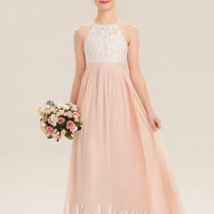 Junior Bridesmaid Dresses | A-line Halter Floor-Length Chiffon Lace Junior Bridesmaid Dress Pearl Pink – Girls