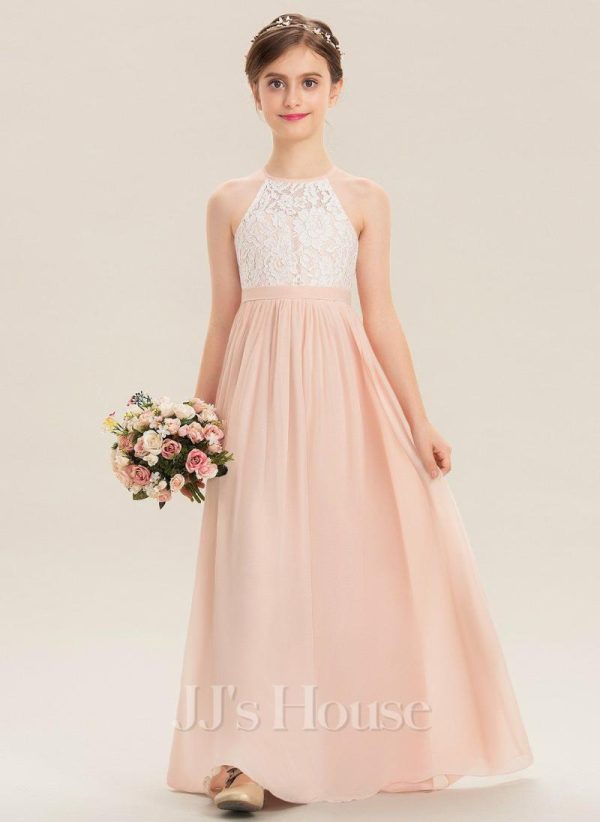 Junior Bridesmaid Dresses | A-line Halter Floor-Length Chiffon Lace Junior Bridesmaid Dress Pearl Pink – Girls