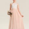 Junior Bridesmaid Dresses | A-line Halter Floor-Length Chiffon Lace Junior Bridesmaid Dress Pearl Pink – Girls