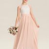 Junior Bridesmaid Dresses | A-line Halter Floor-Length Chiffon Lace Junior Bridesmaid Dress Pearl Pink – Girls