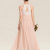 Junior Bridesmaid Dresses | A-line Halter Floor-Length Chiffon Lace Junior Bridesmaid Dress Pearl Pink – Girls