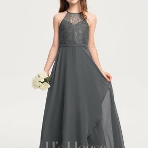 Junior Bridesmaid Dresses | A-line Halter Floor-Length Chiffon Lace Junior Bridesmaid Dress With Cascading Ruffles Steel Grey – Girls