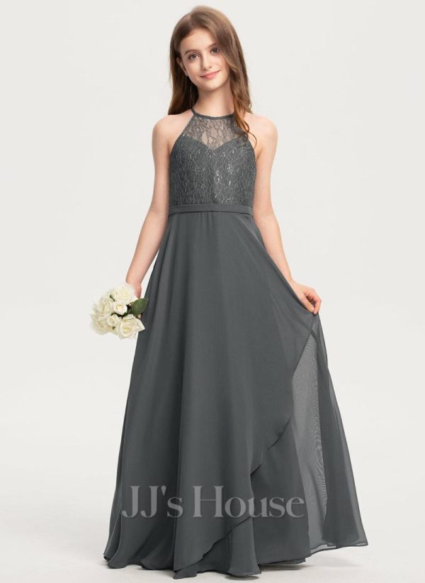 Junior Bridesmaid Dresses | A-line Halter Floor-Length Chiffon Lace Junior Bridesmaid Dress With Cascading Ruffles Steel Grey – Girls