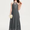 Junior Bridesmaid Dresses | A-line Halter Floor-Length Chiffon Lace Junior Bridesmaid Dress With Cascading Ruffles Steel Grey – Girls