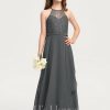 Junior Bridesmaid Dresses | A-line Halter Floor-Length Chiffon Lace Junior Bridesmaid Dress With Cascading Ruffles Steel Grey – Girls