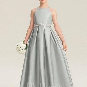 Junior Bridesmaid Dresses | A-line Halter Floor-Length Satin Junior Bridesmaid Dress With Beading Silver – Girls