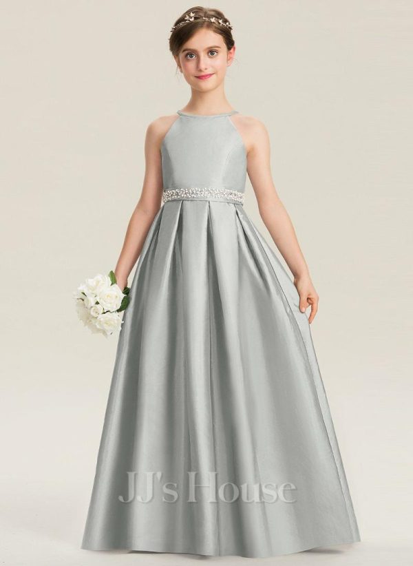 Junior Bridesmaid Dresses | A-line Halter Floor-Length Satin Junior Bridesmaid Dress With Beading Silver – Girls