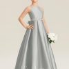 Junior Bridesmaid Dresses | A-line Halter Floor-Length Satin Junior Bridesmaid Dress With Beading Silver – Girls