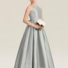 Junior Bridesmaid Dresses | A-line Halter Floor-Length Satin Junior Bridesmaid Dress With Beading Silver – Girls