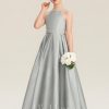 Junior Bridesmaid Dresses | A-line Halter Floor-Length Satin Junior Bridesmaid Dress With Beading Silver – Girls