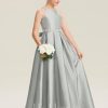 Junior Bridesmaid Dresses | A-line Halter Floor-Length Satin Junior Bridesmaid Dress With Beading Silver – Girls