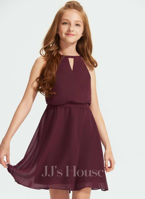 Junior Bridesmaid Dresses | A-line Halter Knee-Length Chiffon Junior Bridesmaid Dress Cabernet – Girls