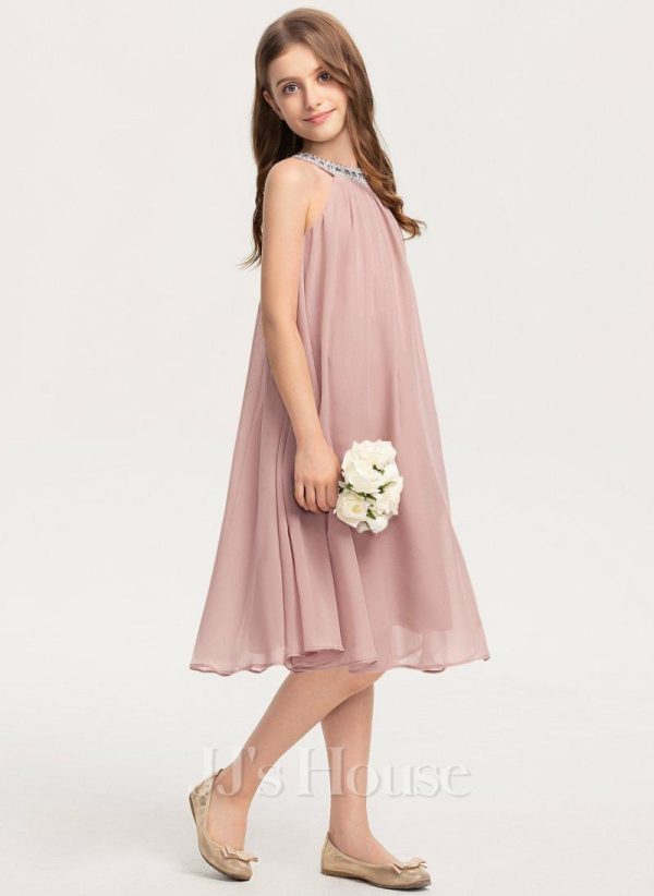 Junior Bridesmaid Dresses | A-line Halter Knee-Length Chiffon Junior Bridesmaid Dress With Beading Sequins Dusty Rose – Girls