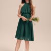 Junior Bridesmaid Dresses | A-line Halter Knee-Length Chiffon Junior Bridesmaid Dress With Pleated Dark Green – Girls