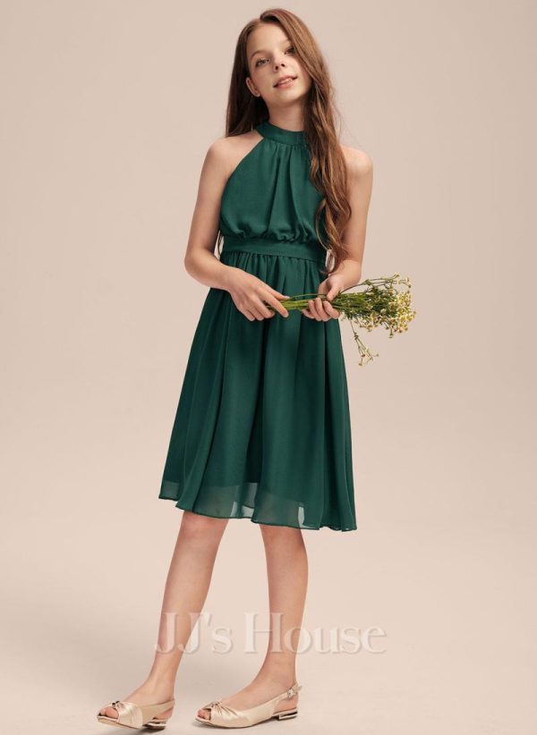 Junior Bridesmaid Dresses | A-line Halter Knee-Length Chiffon Junior Bridesmaid Dress With Pleated Dark Green – Girls