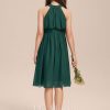 Junior Bridesmaid Dresses | A-line Halter Knee-Length Chiffon Junior Bridesmaid Dress With Pleated Dark Green – Girls