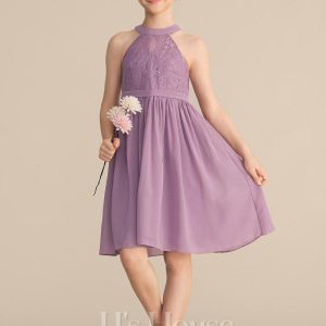 Junior Bridesmaid Dresses | A-line Halter Knee-Length Chiffon Lace Junior Bridesmaid Dress Wisteria – Girls