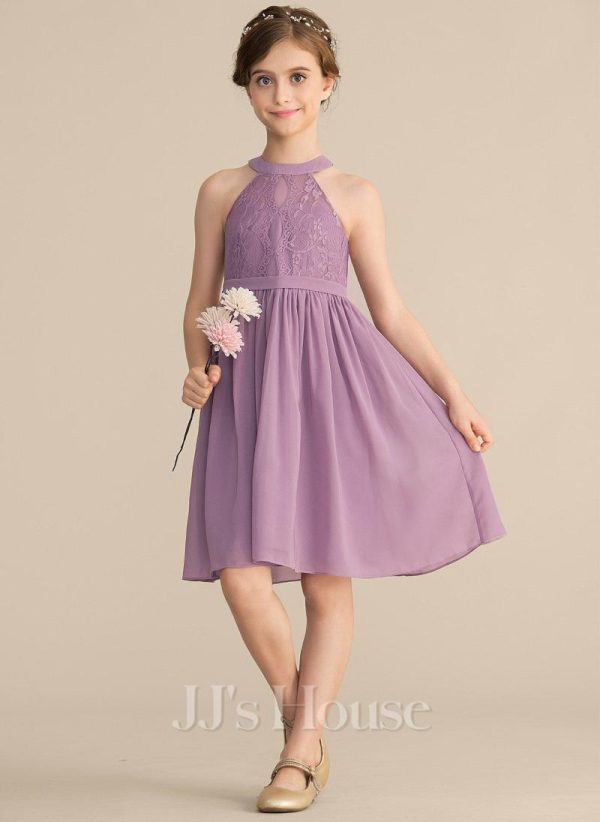 Junior Bridesmaid Dresses | A-line Halter Knee-Length Chiffon Lace Junior Bridesmaid Dress Wisteria – Girls