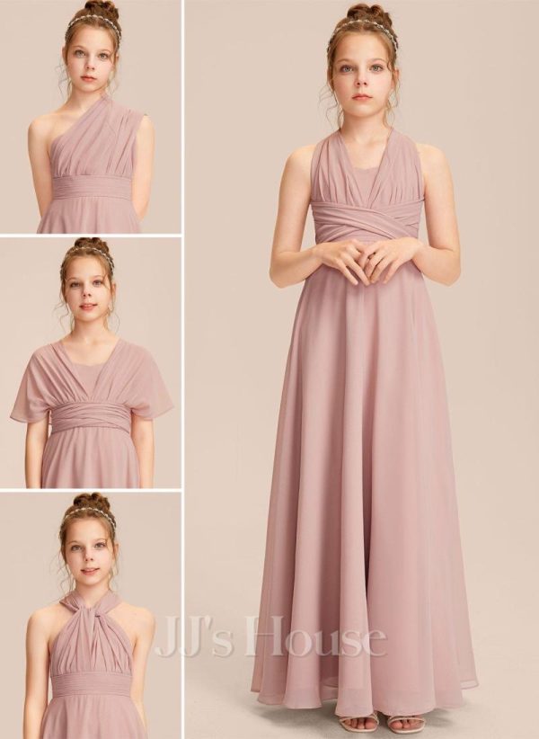 Junior Bridesmaid Dresses | A-line Halter One Shoulder V-Neck Floor-Length Chiffon Junior Bridesmaid Dress Dusty Rose – Girls