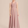 Junior Bridesmaid Dresses | A-line Halter One Shoulder V-Neck Floor-Length Chiffon Junior Bridesmaid Dress Dusty Rose – Girls