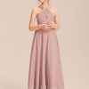 Junior Bridesmaid Dresses | A-line Halter One Shoulder V-Neck Floor-Length Chiffon Junior Bridesmaid Dress Dusty Rose – Girls