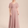 Junior Bridesmaid Dresses | A-line Halter One Shoulder V-Neck Floor-Length Chiffon Junior Bridesmaid Dress Dusty Rose – Girls