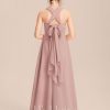 Junior Bridesmaid Dresses | A-line Halter One Shoulder V-Neck Floor-Length Chiffon Junior Bridesmaid Dress Dusty Rose – Girls