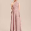 Junior Bridesmaid Dresses | A-line Halter One Shoulder V-Neck Floor-Length Chiffon Junior Bridesmaid Dress Dusty Rose – Girls