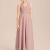 Junior Bridesmaid Dresses | A-line Halter One Shoulder V-Neck Floor-Length Chiffon Junior Bridesmaid Dress Dusty Rose – Girls