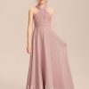 Junior Bridesmaid Dresses | A-line Halter One Shoulder V-Neck Floor-Length Chiffon Junior Bridesmaid Dress Dusty Rose – Girls