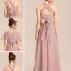 Junior Bridesmaid Dresses | A-line Halter One Shoulder V-Neck Floor-Length Chiffon Junior Bridesmaid Dress Dusty Rose – Girls