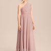 Junior Bridesmaid Dresses | A-line Halter One Shoulder V-Neck Floor-Length Chiffon Junior Bridesmaid Dress Dusty Rose – Girls