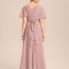 Junior Bridesmaid Dresses | A-line Halter One Shoulder V-Neck Floor-Length Chiffon Junior Bridesmaid Dress Dusty Rose – Girls