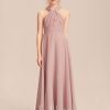 Junior Bridesmaid Dresses | A-line Halter One Shoulder V-Neck Floor-Length Chiffon Junior Bridesmaid Dress Dusty Rose – Girls