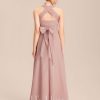 Junior Bridesmaid Dresses | A-line Halter One Shoulder V-Neck Floor-Length Chiffon Junior Bridesmaid Dress Dusty Rose – Girls