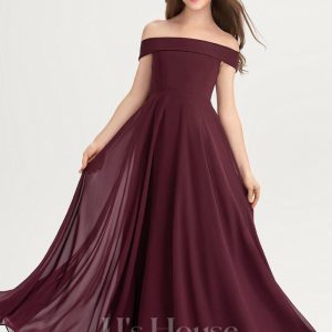 Junior Bridesmaid Dresses | A-line Off the Shoulder Floor-Length Chiffon Junior Bridesmaid Dress Cabernet – Girls