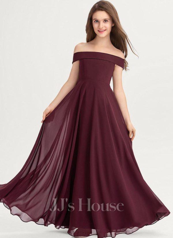 Junior Bridesmaid Dresses | A-line Off the Shoulder Floor-Length Chiffon Junior Bridesmaid Dress Cabernet – Girls