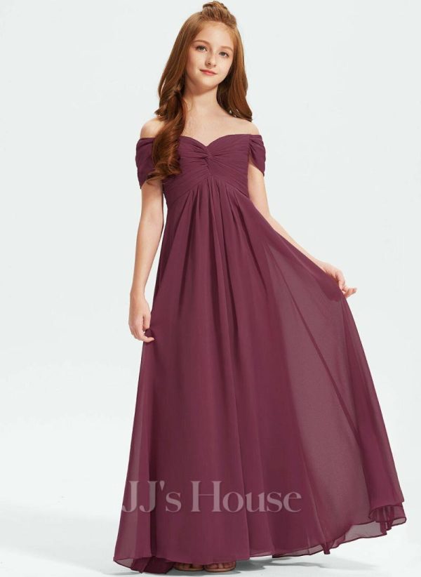 Junior Bridesmaid Dresses | A-line Off the Shoulder Floor-Length Chiffon Junior Bridesmaid Dress Mulberry – Girls