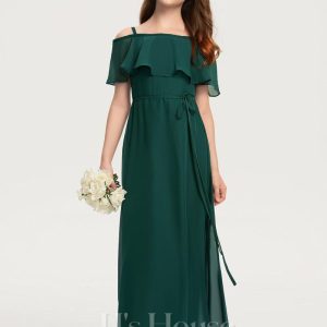 Junior Bridesmaid Dresses | A-line Off the Shoulder Floor-Length Chiffon Junior Bridesmaid Dress With Bow Dark Green – Girls