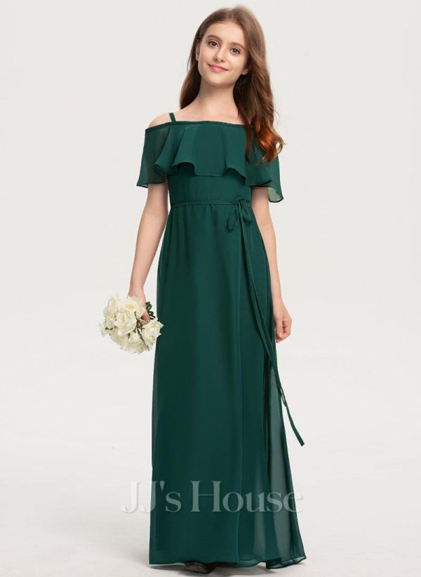 Junior Bridesmaid Dresses | A-line Off the Shoulder Floor-Length Chiffon Junior Bridesmaid Dress With Bow Dark Green – Girls