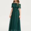 Junior Bridesmaid Dresses | A-line Off the Shoulder Floor-Length Chiffon Junior Bridesmaid Dress With Bow Dark Green – Girls