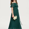 Junior Bridesmaid Dresses | A-line Off the Shoulder Floor-Length Chiffon Junior Bridesmaid Dress With Bow Dark Green – Girls