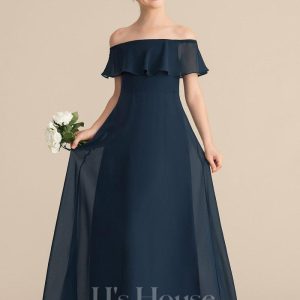 Junior Bridesmaid Dresses | A-line Off the Shoulder Floor-Length Chiffon Junior Bridesmaid Dress With Cascading Ruffles Dark Navy – Girls